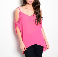 Cold Shoulder Long Sheer Chiffon Top in Pink