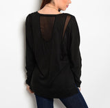Sheer Panel Long Sleeve Relaxed Fit Knit Top in Black
