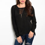 Sheer Panel Long Sleeve Relaxed Fit Knit Top in Black