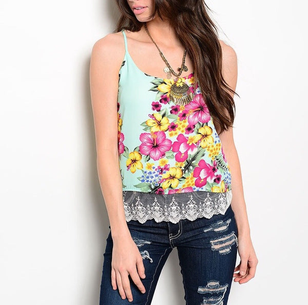 Lace Hem Floral Print Spaghetti Strap Top in Mint & Multi-Color