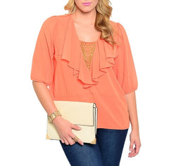 Plus Size Ruffle Chiffon Sheer Blouse in Orange