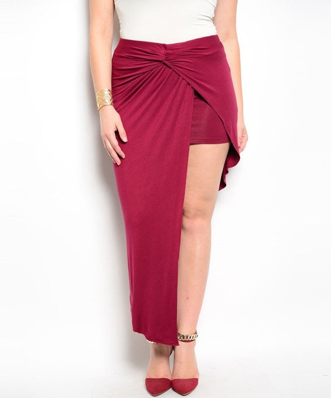 Plus Size Asymmetric Hem Wrap Skirt in Maroon