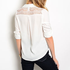 Sheer Lace Waist Button Down Blouse in White