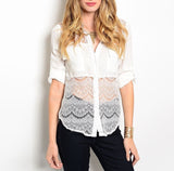 Sheer Lace Waist Button Down Blouse in White