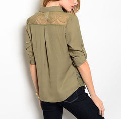 Sheer Lace Waist Button Down Blouse in Olive Green