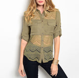 Sheer Lace Waist Button Down Blouse in Olive Green