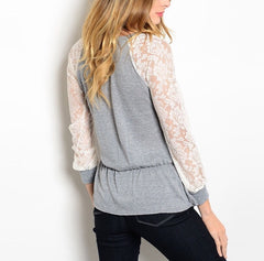 Laced Long Sleeve Peplum Knit Top in Gray & Ivory