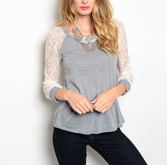 Laced Long Sleeve Peplum Knit Top in Gray & Ivory