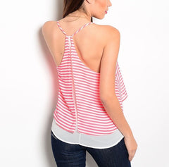 Layered Striped Chiffon Top in Neon Pink and White