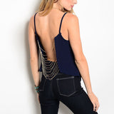 Open Chain Back Top in Navy Blue