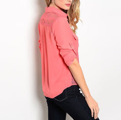 Sheer Lace Waist Button Down Blouse in Coral