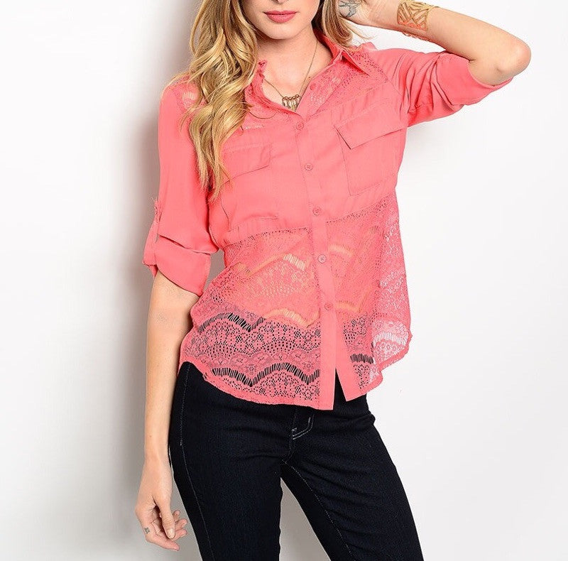 Sheer Lace Waist Button Down Blouse in Coral