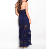 Strapless Lace Detailed Blouson Maxi Dress in Navy Blue