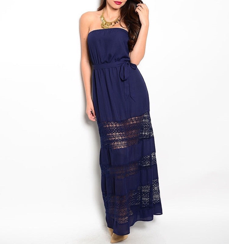 Strapless Lace Detailed Blouson Maxi Dress in Navy Blue