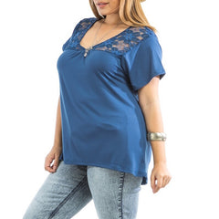 Plus Size Lace Shoulder Short Sleeve Knit Top in Blue