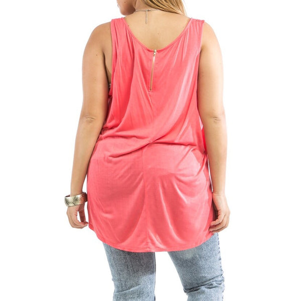 Plus Size Sheer Front Lace & Solid Back Tank Top in Coral