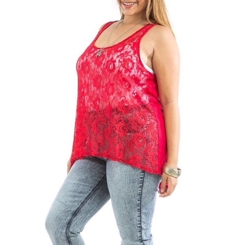 Plus Size Sheer Front Lace & Solid Back Tank Top in Red – Glamour Amour