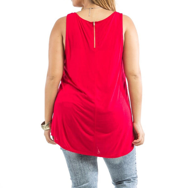 Plus Size Sheer Front Lace & Solid Back Tank Top in Red