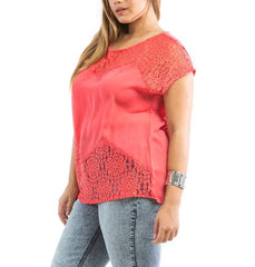Plus Size Lace Short Sleeve Top in Coral