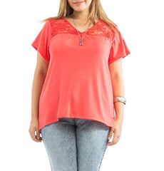 Plus Size Lace Shoulder Short Sleeve Knit Top in Orange