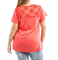 Plus Size Lace Shoulder Short Sleeve Knit Top in Orange