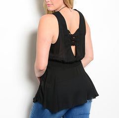 Plus Size Cinched Waist Light Chiffon Top in Black