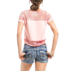 Curved Hem Laced Tee in Pink