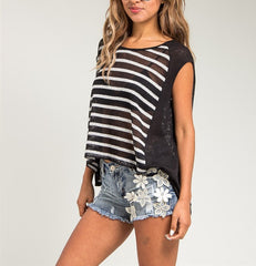 Striped Front and Lace Back Sheer Top in Black & White