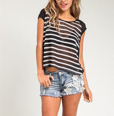 Striped Front and Lace Back Sheer Top in Black & White