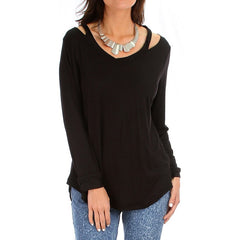 Open Shoulder Long Sleeve Light Tunic Top in Black