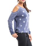 Star Spangled Cut Out Shoulder Long Sleeve Top in Blue