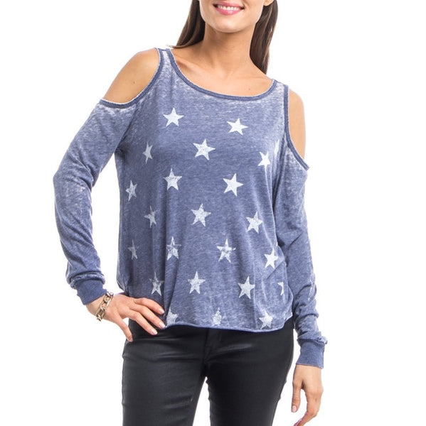 Star Spangled Cut Out Shoulder Long Sleeve Top in Blue