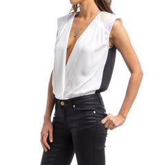 White Metallic Shoulder Plunging Neckline Bodysuit in Black & White