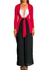 Tie Waist Long Sleeve Slim Fit Cardigan Top in Red