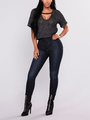 Short Sleeve V Neck Cut Out Sweater Top in Black