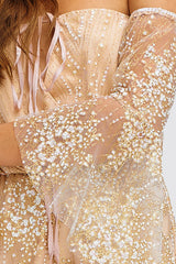 Off Shoulder Boho Glitter Embellished Romper in Nude and Gold