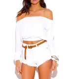 Long Sleeve Off Shoulder Crop Top in White