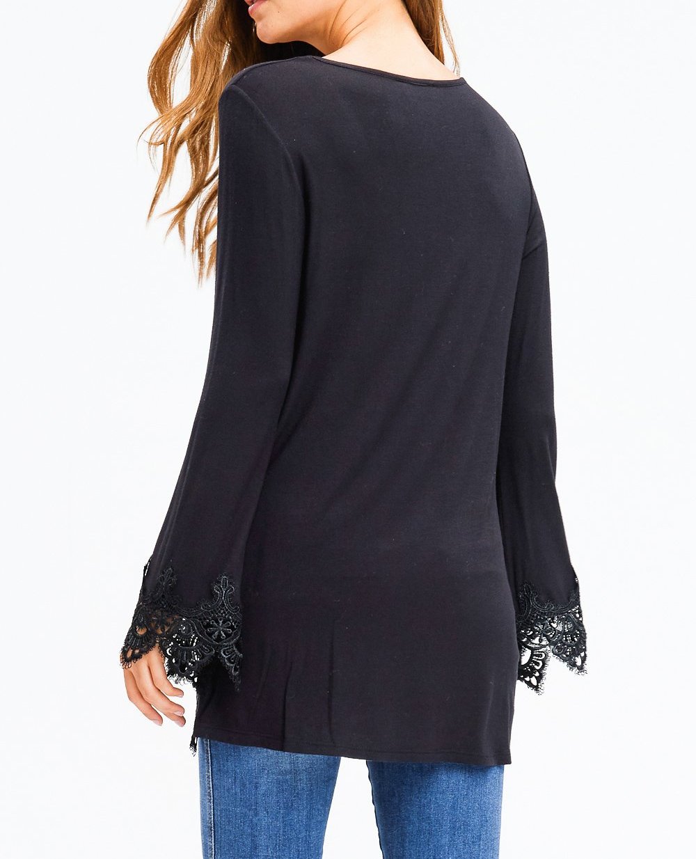 Crochet Hem Long Sleeve Tunic Top in Black