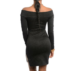 Off Shoulder Long Sleeve Dress with Slit in Black