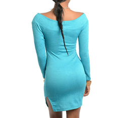 Off Shoulder Long Sleeve Dress with Slit in Blue