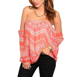 Chevron Pattern Off Shoulder Long Sleeve Boho Top in Orange