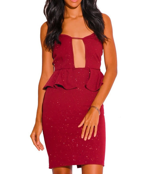 Cut Out Peplum Glitter Bodycon Party Dress in Red Wine