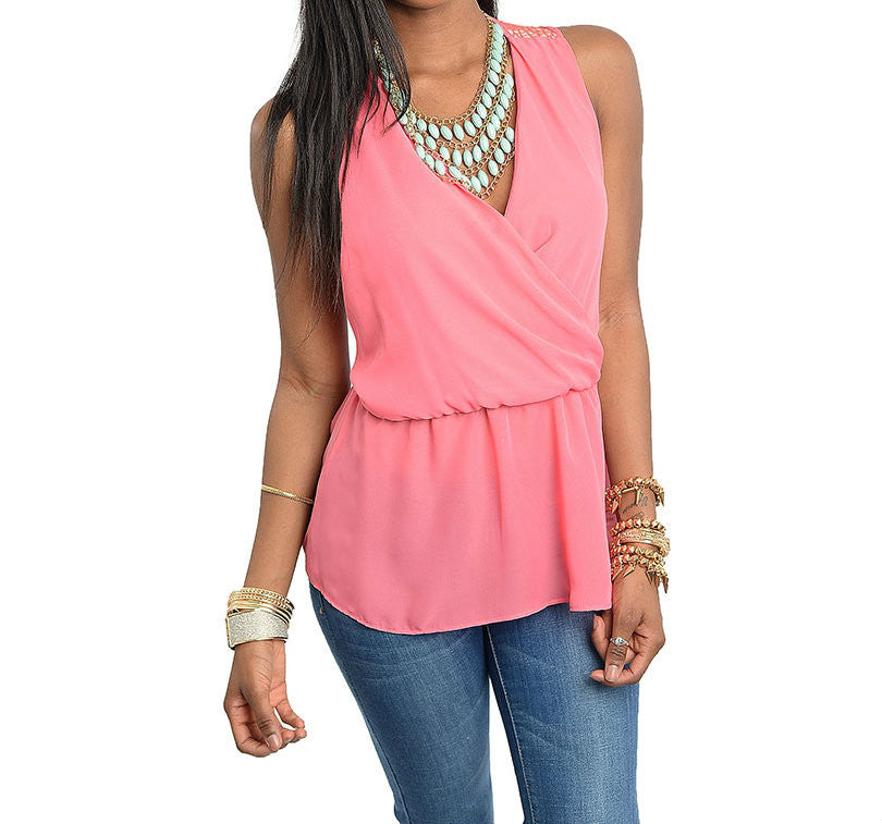 V-Neck Empire Waist Wrap Top in Pink