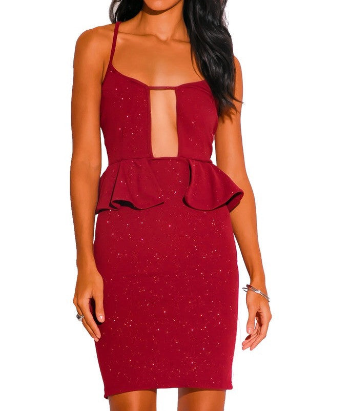 Cut Out Peplum Glitter Bodycon Party Dress in Red Wine