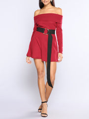 Off Shoulder Ribbed Romper in Maroon