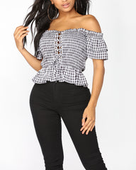 Off Shoulder Lace Up Gingham Top in Black and White