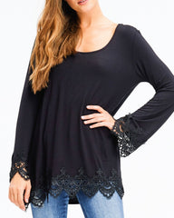Crochet Hem Long Sleeve Tunic Top in Black
