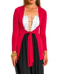 Tie Waist Long Sleeve Slim Fit Cardigan Top in Red