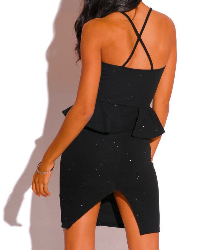 Cut Out Peplum Glitter Bodycon Party Dress in Black