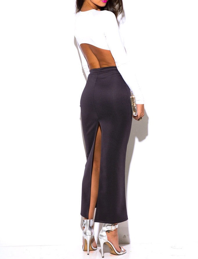 High Waist Maxi Pencil Skirt with Back Slit in Charcoal PETITE